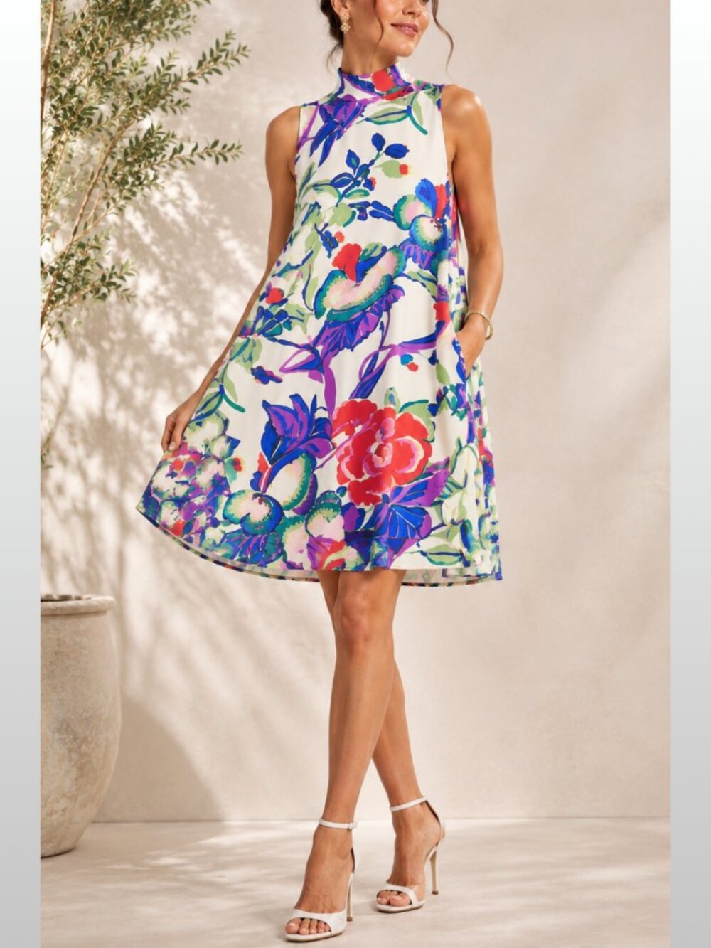 Maeve Anthro Silk Floral Sleeveless Mock Neck Mini Swing Dress 8 Boho Resort